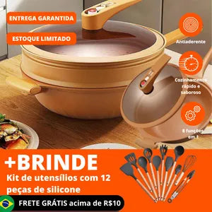 FRIGIDEIRA WOK DE CERÂMICA MULTIFUNÇÕES 8 EM 1 À PROVA DE EXPLOSÃO + BRINDE KIT UTENSÍLIO DE SILICONE