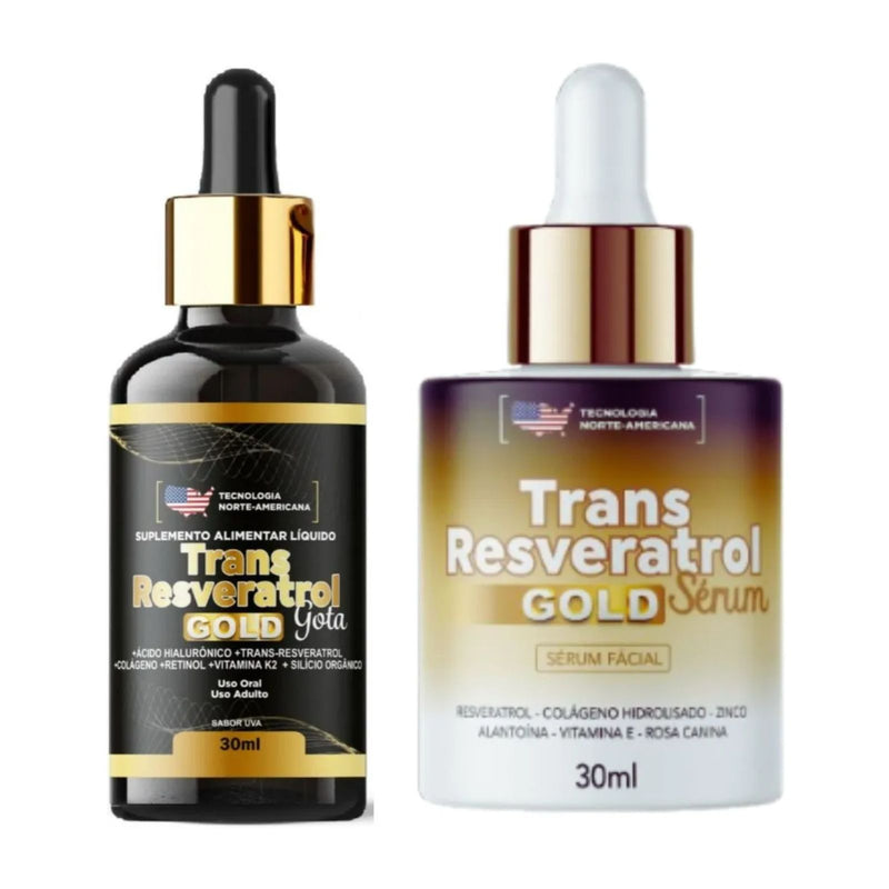 Trans Resveratrol Gold Sérum Facial 30ml e Trans Resveratrol Gold Gotas 30ml Sabor Uva