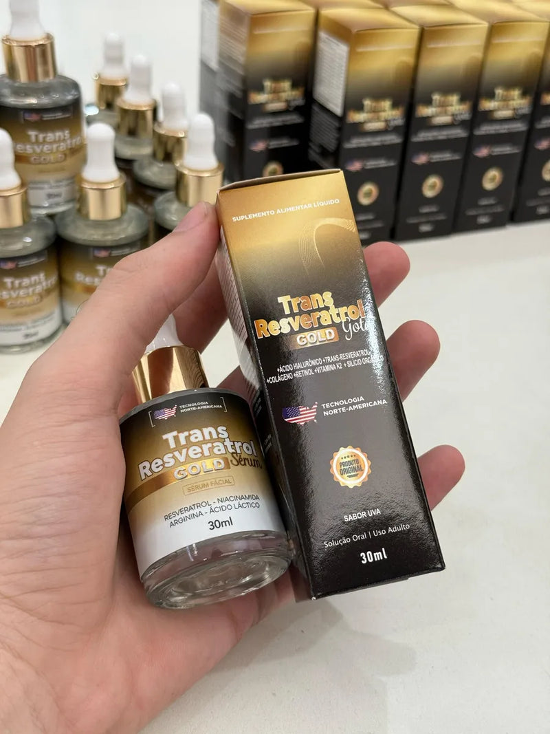 Trans Resveratrol Gold Sérum Facial 30ml e Trans Resveratrol Gold Gotas 30ml Sabor Uva